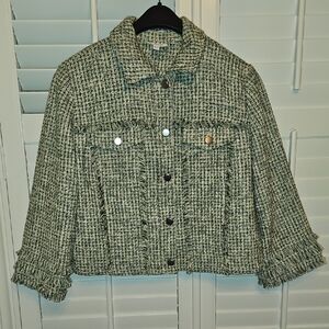 Chico's Womens Tweed Fringe Button-Front Jacket - Green & White